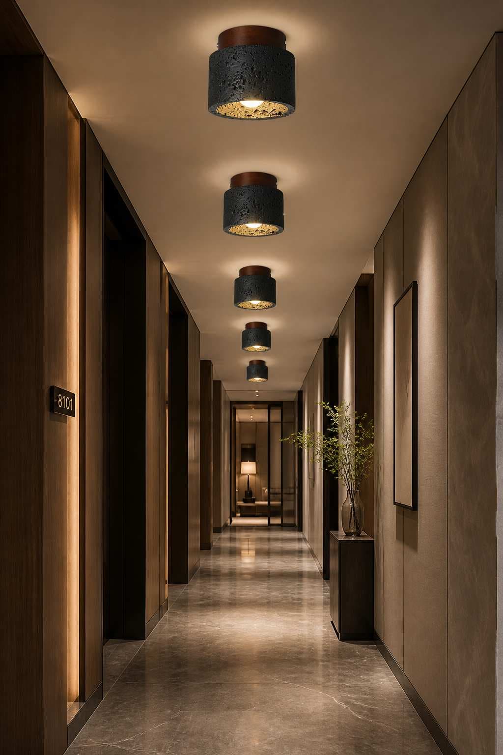 Natural Travertine and Wood Flush Mount Ceiling Light – PS-G301