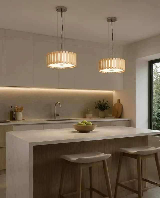 Modern Wood Ring LED Pendant Light | Natural Wooden Drum Chandelier – Ring Chandeliers (view 2)