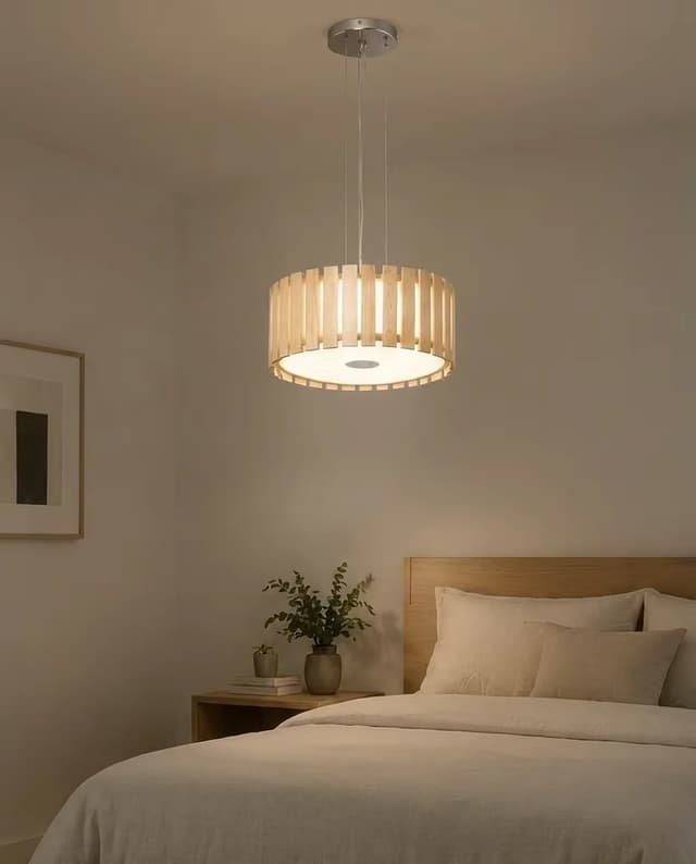 Modern Wood Ring LED Pendant Light | Natural Wooden Drum Chandelier – Ring Chandeliers (view 3)