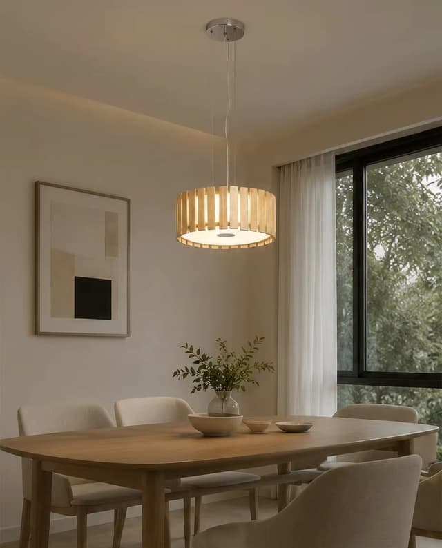 Modern Wood Ring LED Pendant Light | Natural Wooden Drum Chandelier – Ring Chandeliers (view 5)