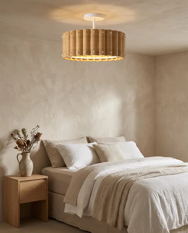 Modern Wood Drum Ceiling Light | Natural Wooden Flush Mount Lamp E27 – Flush Mount Ceiling Lights (view 3)
