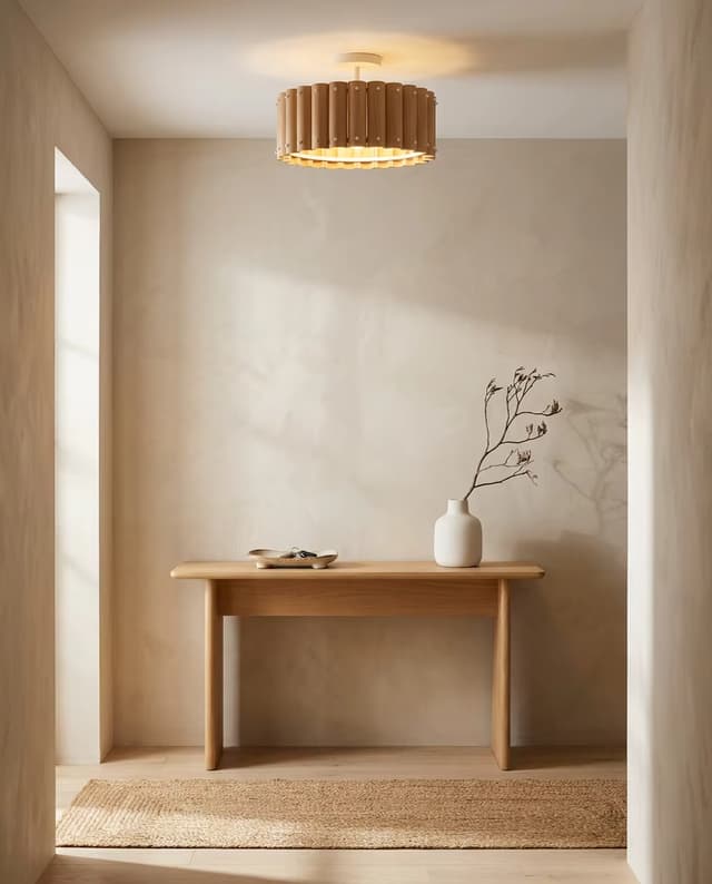 Modern Wood Drum Ceiling Light | Natural Wooden Flush Mount Lamp E27 – Flush Mount Ceiling Lights (view 4)