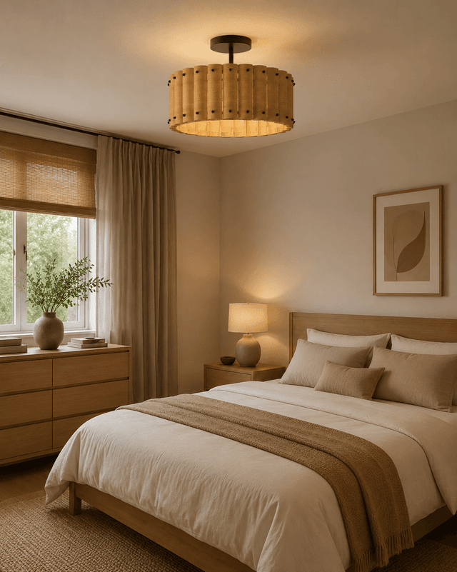 Modern Wood Drum Ceiling Light | Natural Wooden Flush Mount Lamp E27 – Flush Mount Ceiling Lights (view 5)