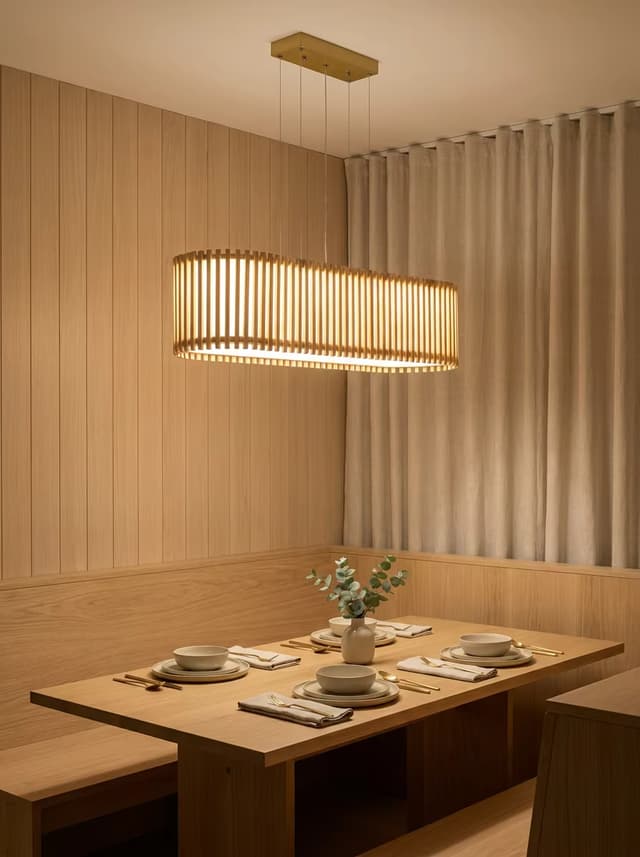 Modern Zen Rattan Linear Pendant Light 800mm | Japandi Wooden Hanging Lamp for Dining Table – Linear Pendant