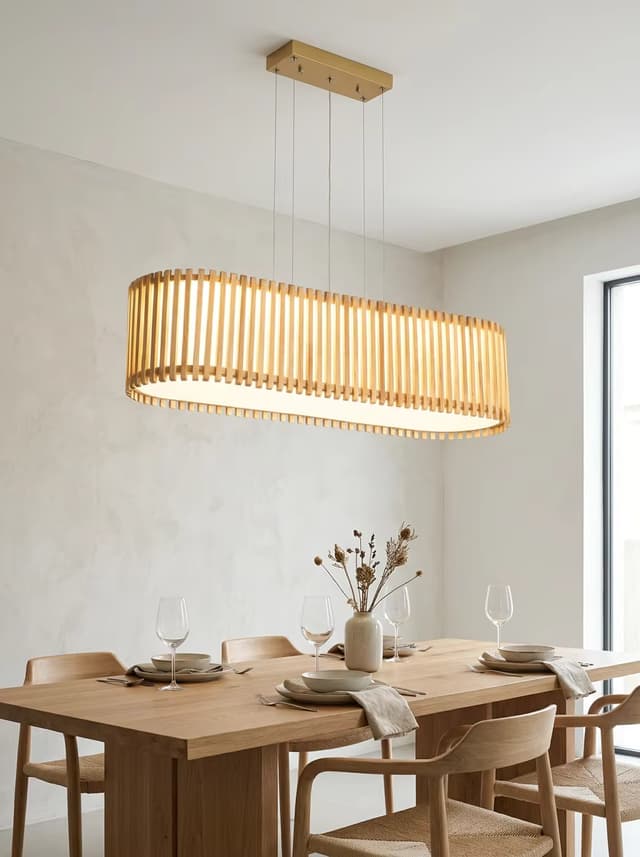Modern Zen Rattan Linear Pendant Light 800mm | Japandi Wooden Hanging Lamp for Dining Table – Linear Pendant (view 2)