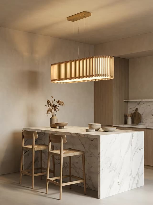 Modern Zen Rattan Linear Pendant Light 800mm | Japandi Wooden Hanging Lamp for Dining Table – Linear Pendant (view 4)