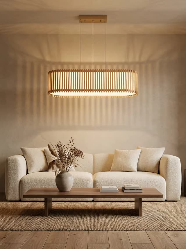 Modern Zen Rattan Linear Pendant Light 800mm | Japandi Wooden Hanging Lamp for Dining Table – Linear Pendant (view 5)