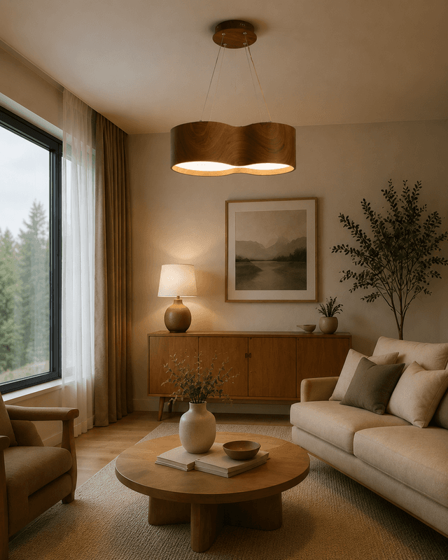 Modern Double Ring Wooden Pendant Light | 54W Japandi LED Hanging Ceiling Lamp – Single Pendant (view 2)