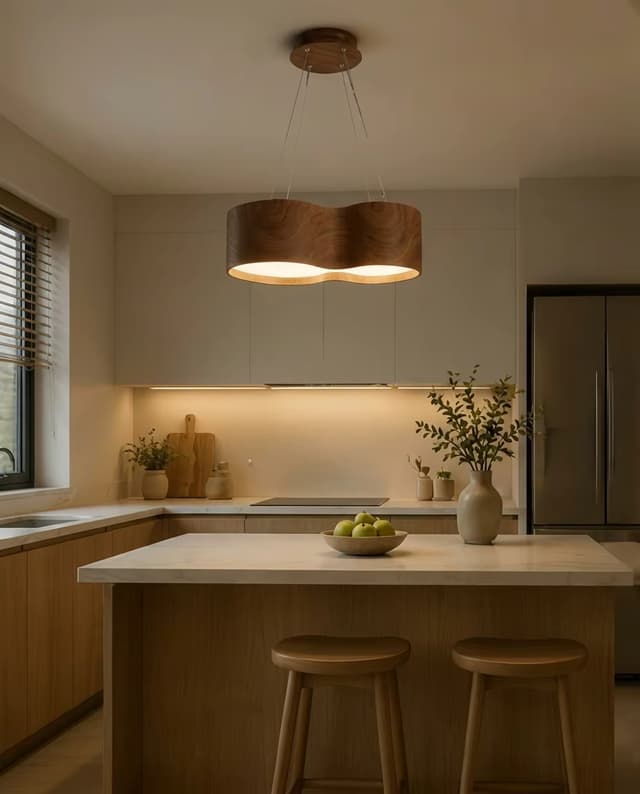 Modern Double Ring Wooden Pendant Light | 54W Japandi LED Hanging Ceiling Lamp – Single Pendant (view 3)