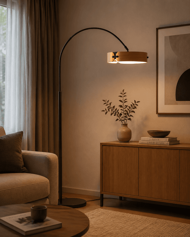 Modern Minimalist Arc LED Floor Lamp with Wood Accent – Modern Floor Lamps (view 2)