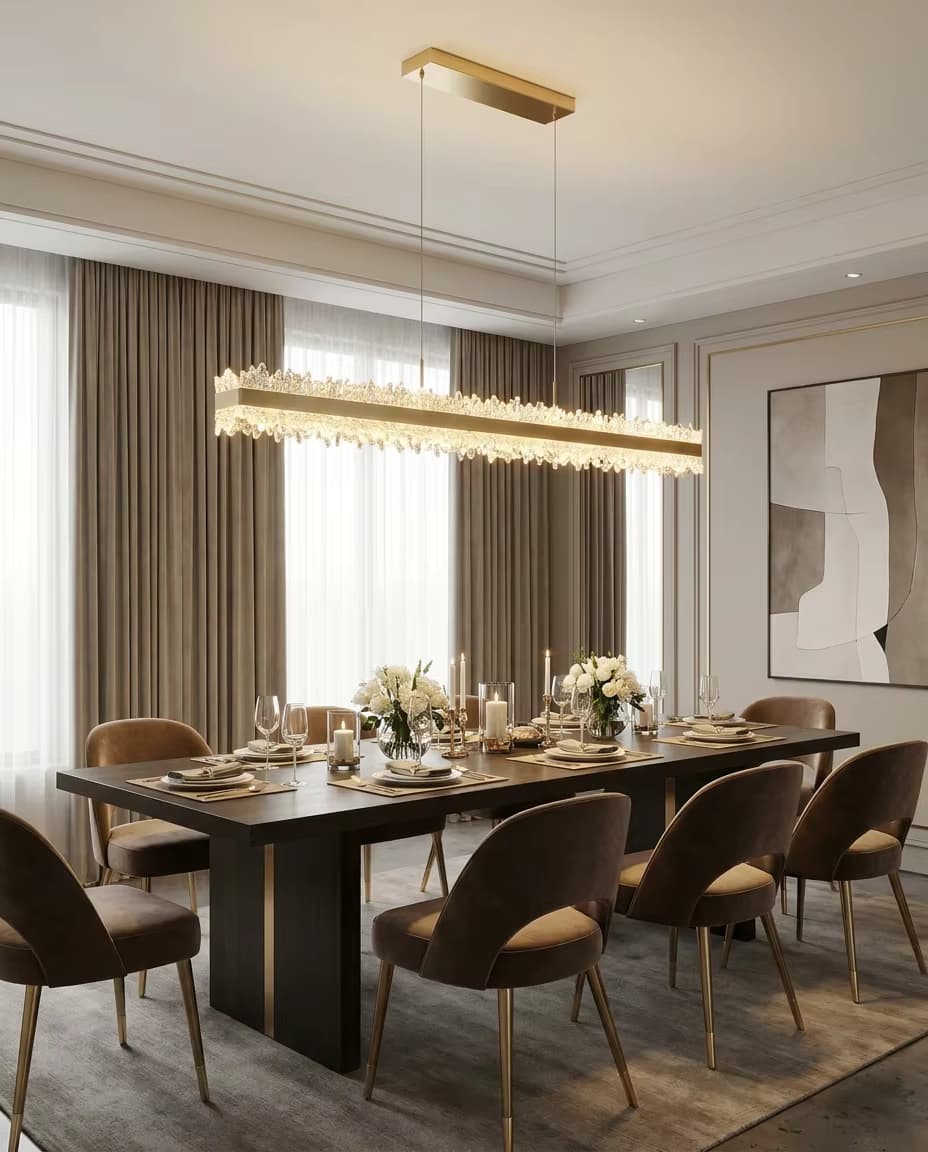Luxury Crystal Linear Pendant Light | Modern Gold LED Chandelier for Dining Room & Hotel Projects