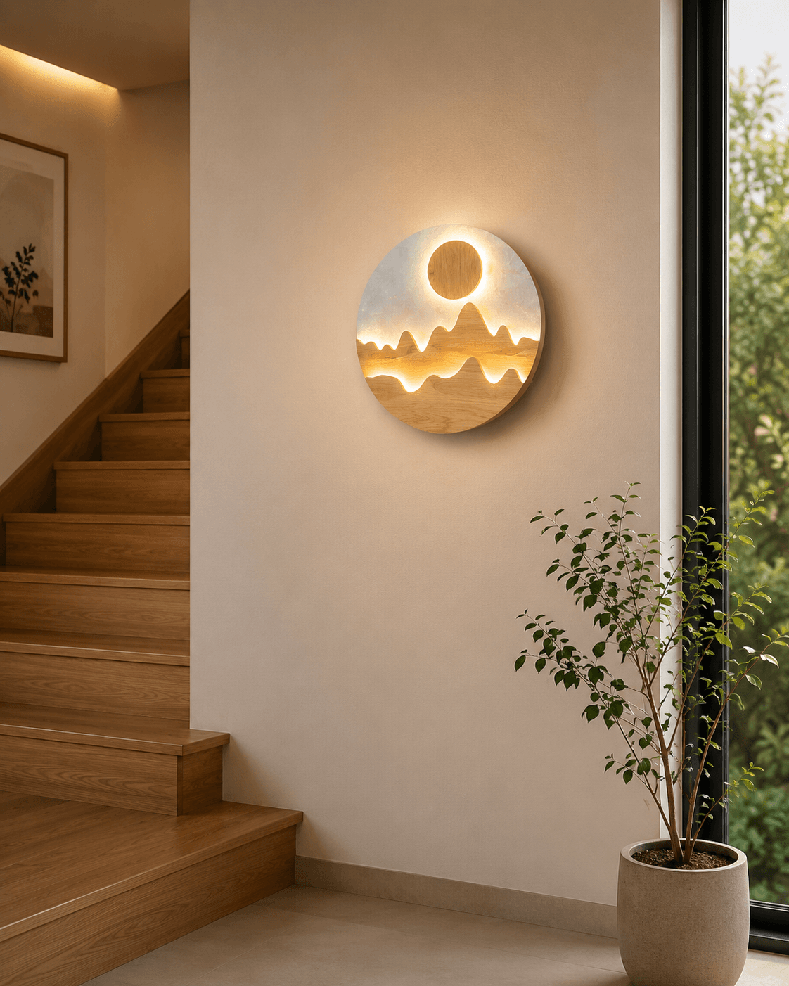Modern Round Wooden LED Wall Light – 300mm Artistic Minimalist Wall Lamp for Bedroom & Living Room