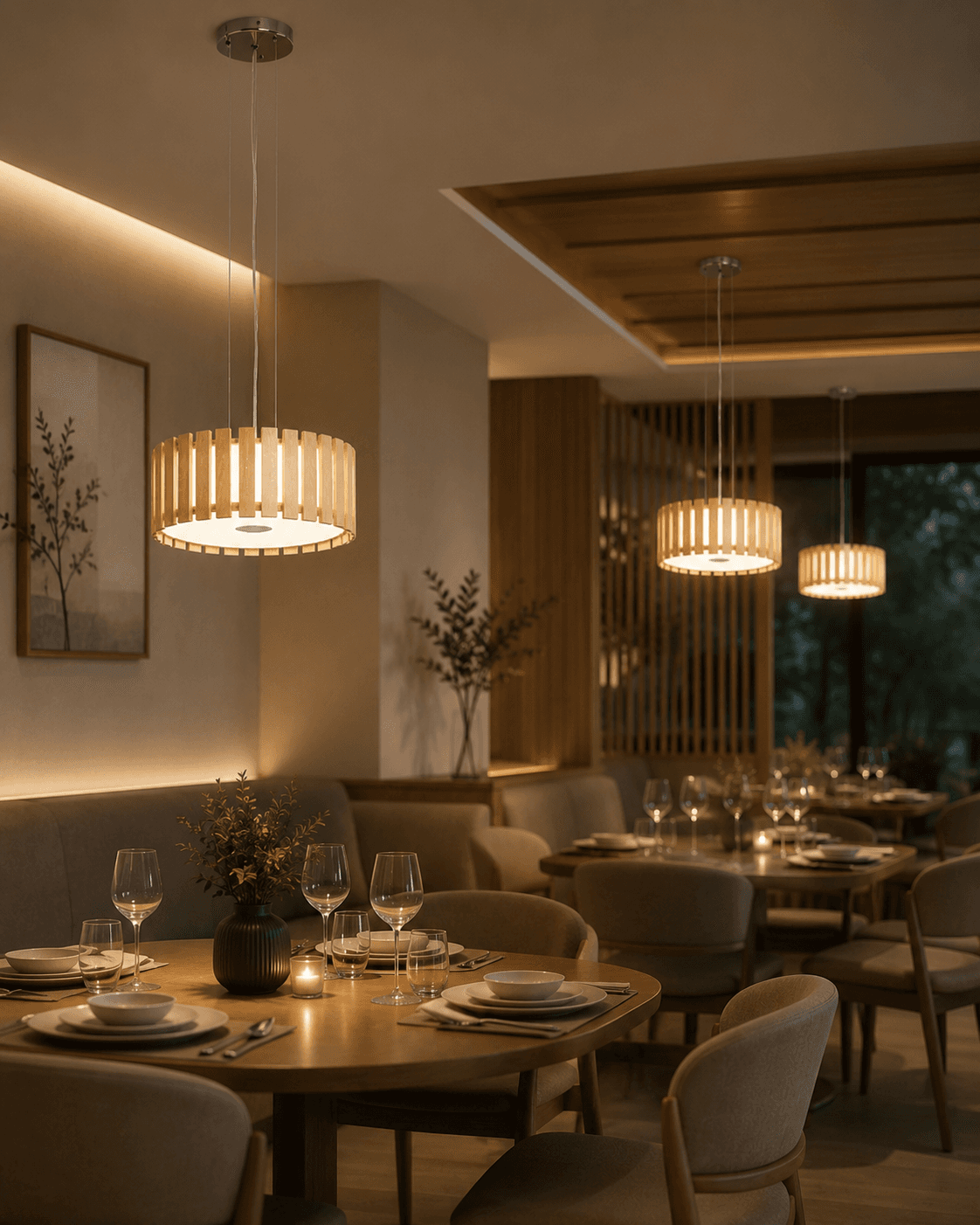 Modern Wood Ring LED Pendant Light | Natural Wooden Drum Chandelier