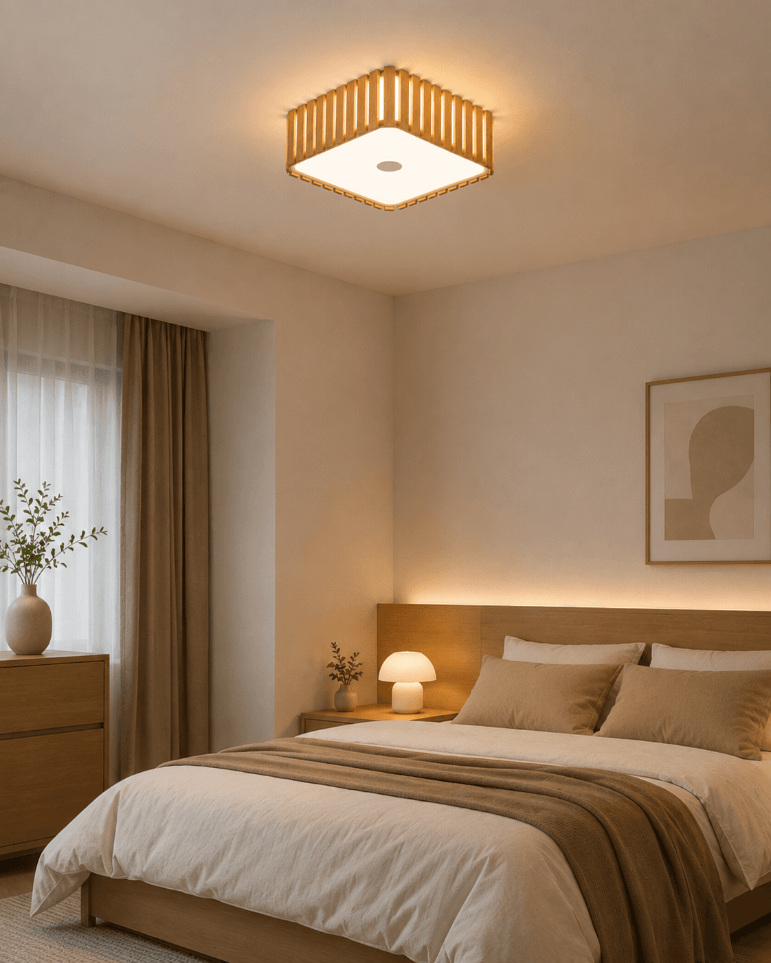 Modern Walnut Square LED Ceiling Light | Full Spectrum Eye Protection 36W Flush Mount Fixture