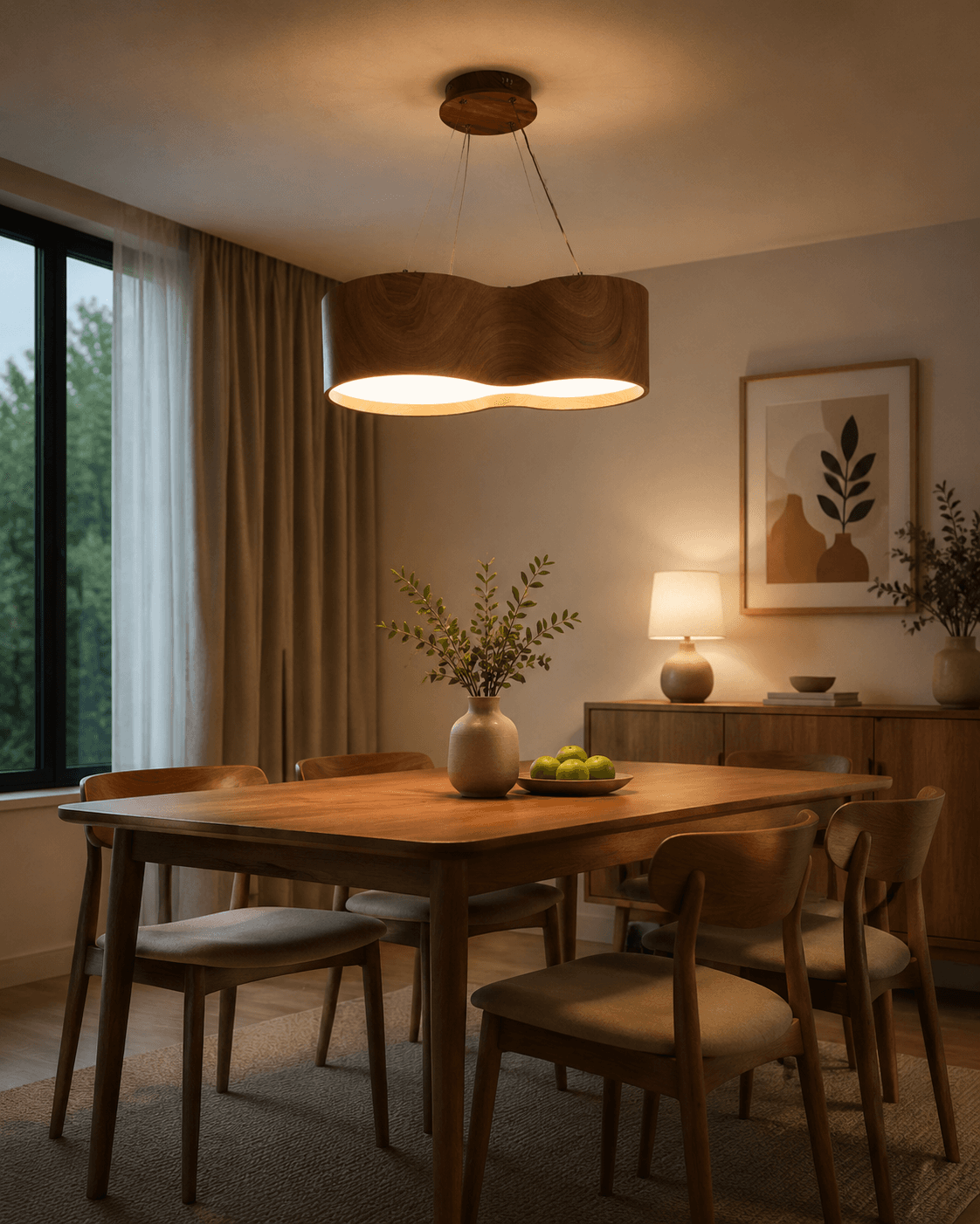 Modern Double Ring Wooden Pendant Light | 54W Japandi LED Hanging Ceiling Lamp