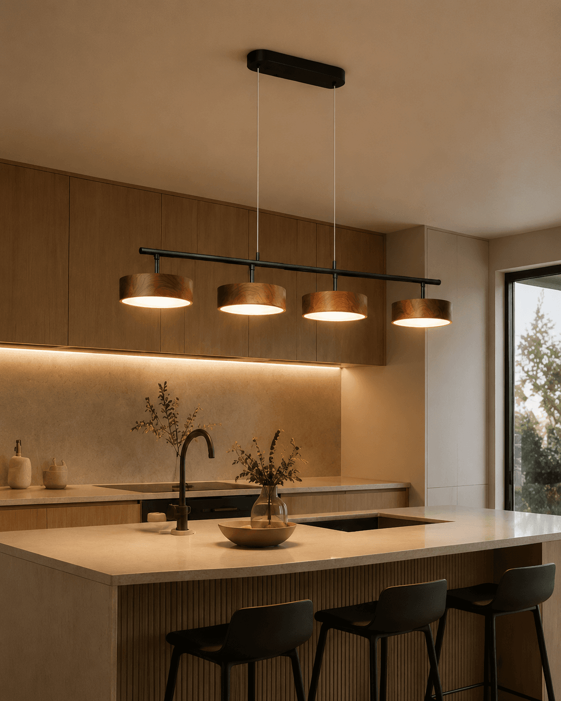 Modern Linear Wood Pendant Light – 910mm Minimalist LED Bar Suspension Lamp for Kitchen Island & Dining Space
