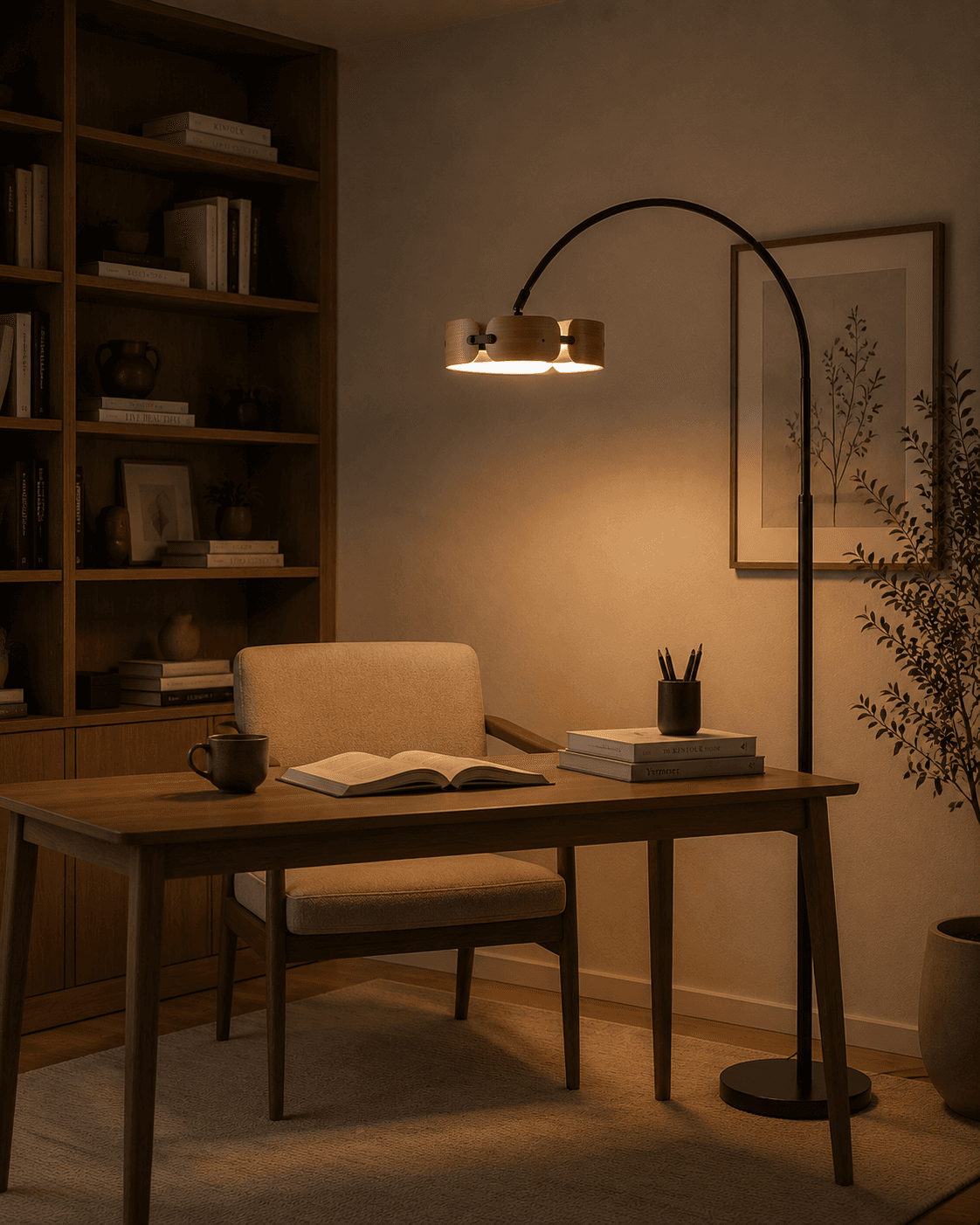 Modern Minimalist Arc LED Floor Lamp with Wood Accent