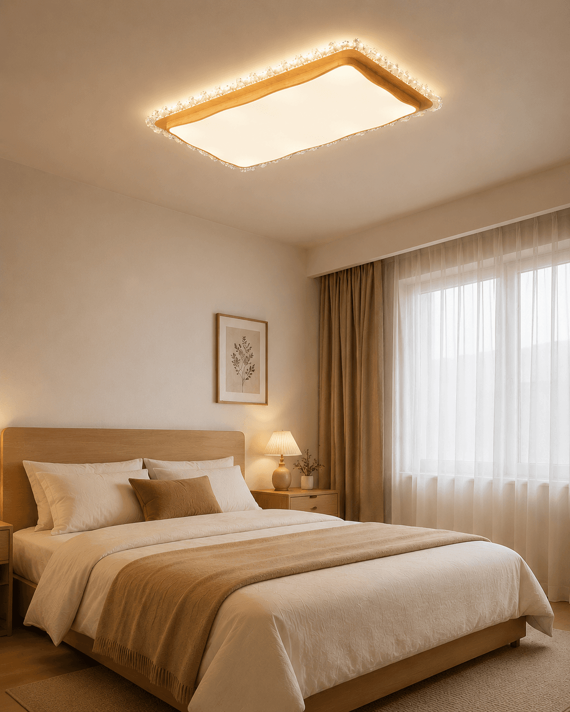 Grand Rectangular Wood Ceiling Light with Crystal Ice Decoration - 120W High-Power LED Chandelier for Large Living Rooms & Lobbies