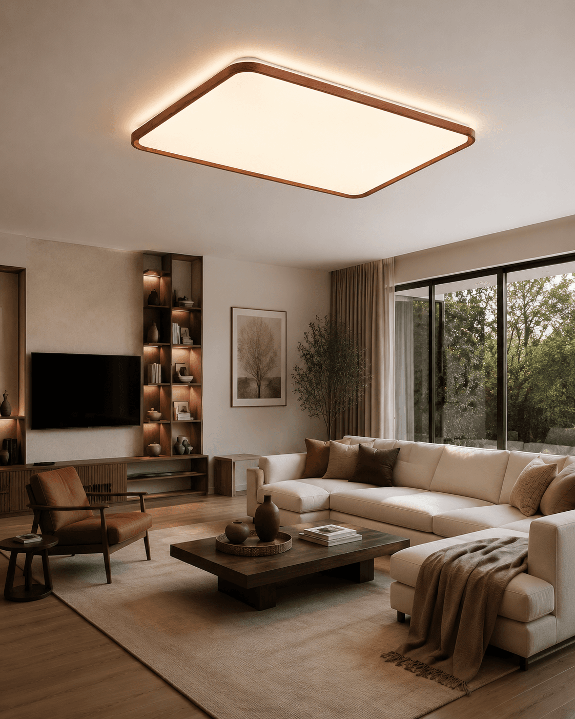 Modern Walnut Wood LED Ceiling Light | 120W Full Spectrum | Ultra Slim 80mm