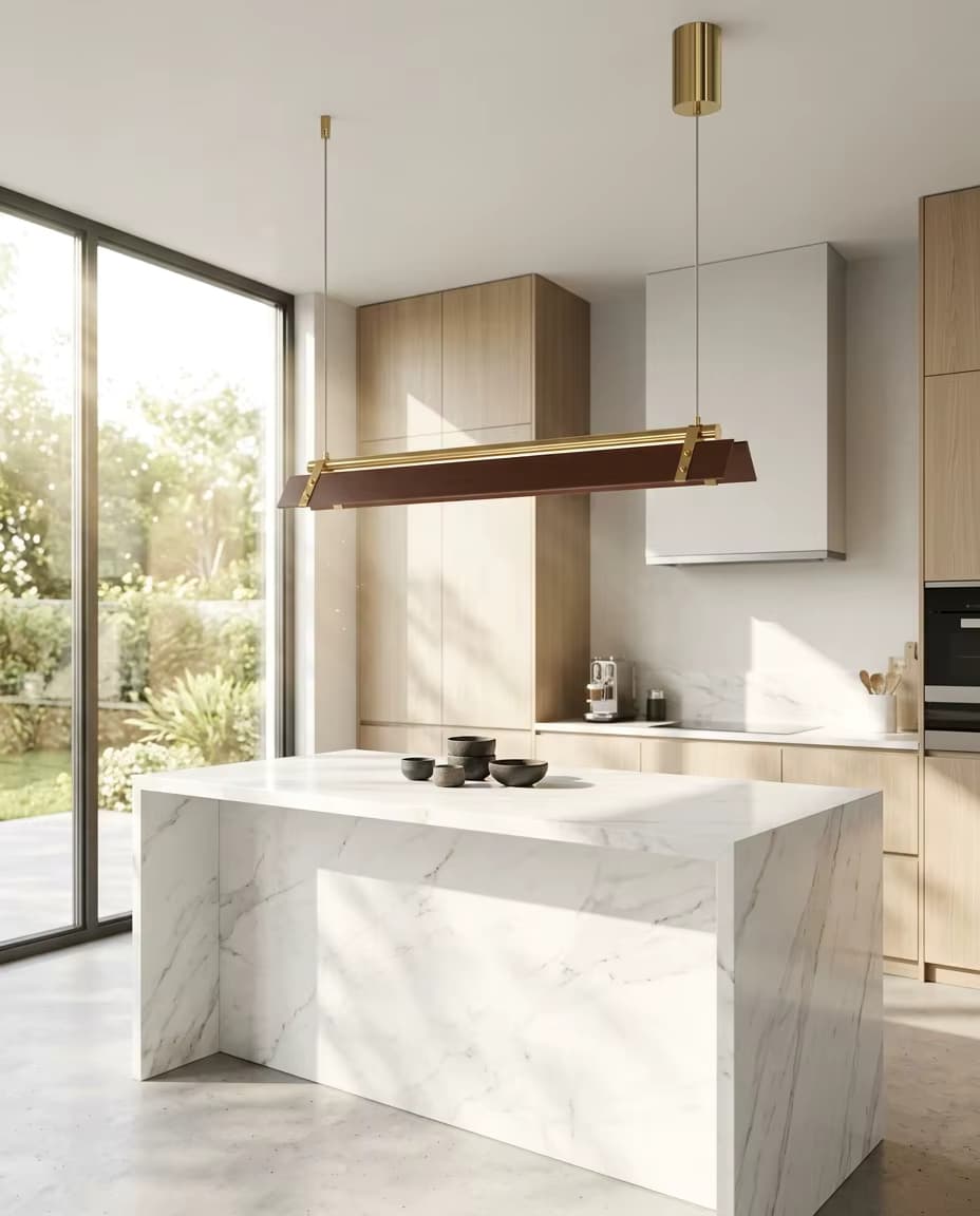 Modern Linear LED Pendant Light - Luxury Gold & Walnut Wood Finish, 100cm Sleek Hanging Dining Light (13W)