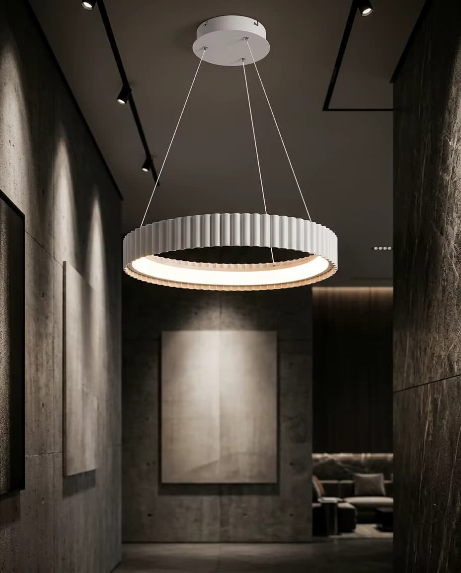 Modern Pleated LED Ring Pendant Light - Architectural Ribbed Circular Chandelier for Office & Hotel