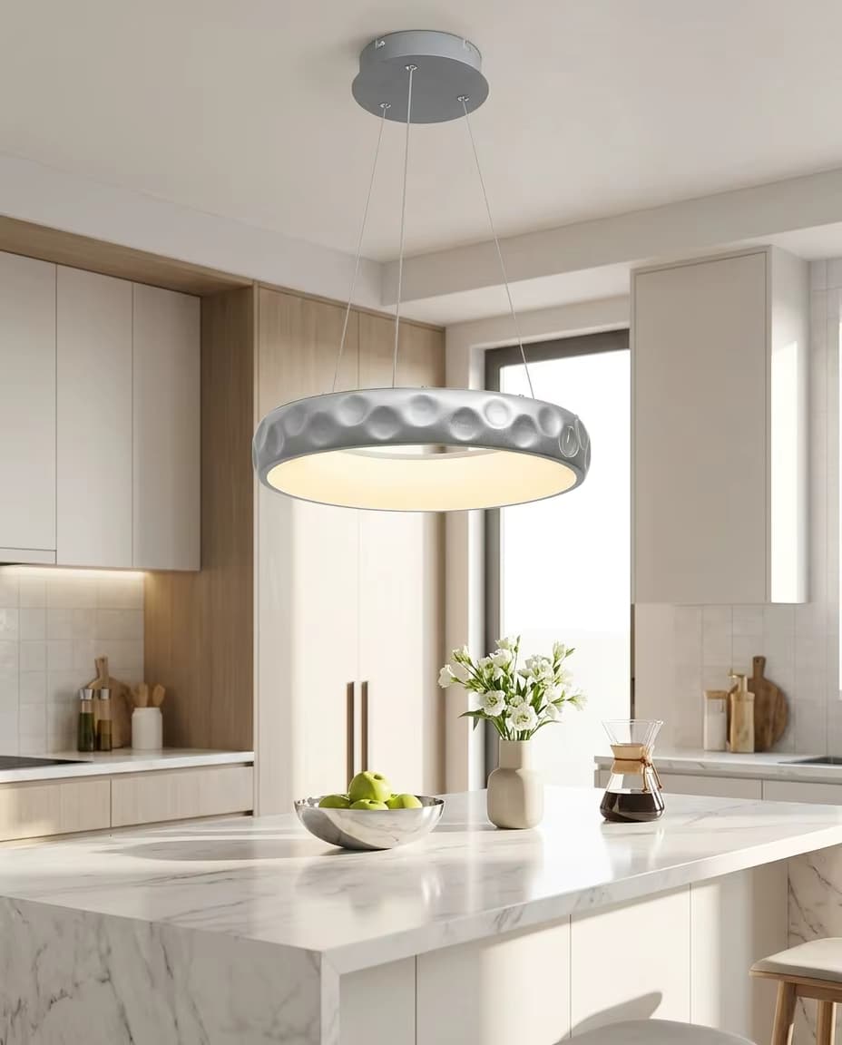 Modern Hammered Silver LED Ring Pendant Light