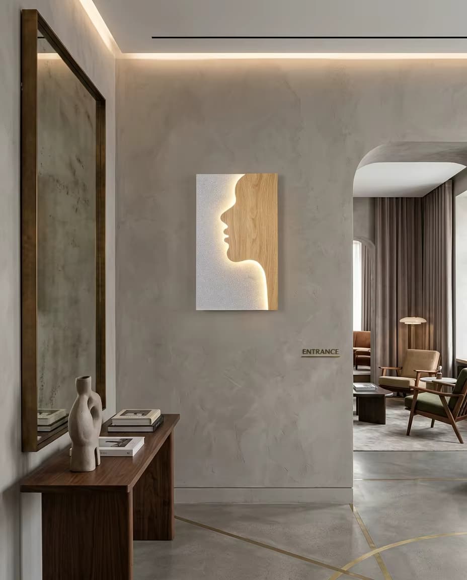 Modern Artistic Face Silhouette LED Wall Sconce - Creative Wood & Silver Profile Accent Light for Interior Projects