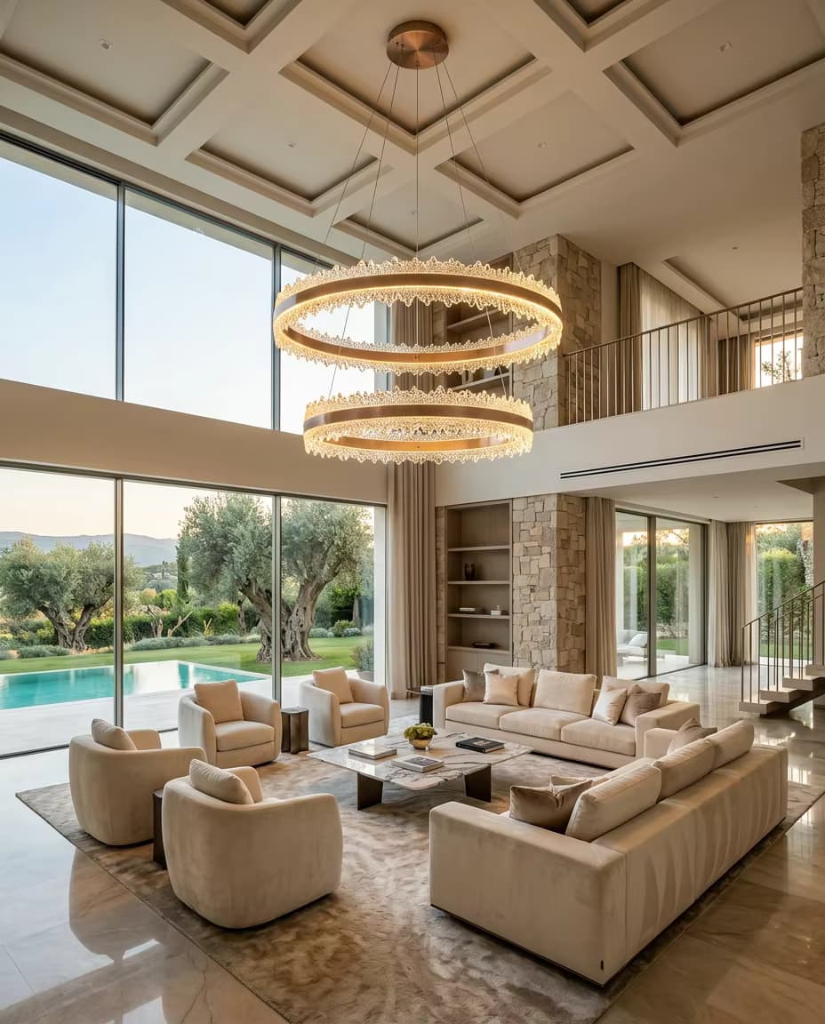 Luxury Double Ring Crystal Chandelier | Modern LED Circular Pendant Light for Hotel Lobby & Villa Projects