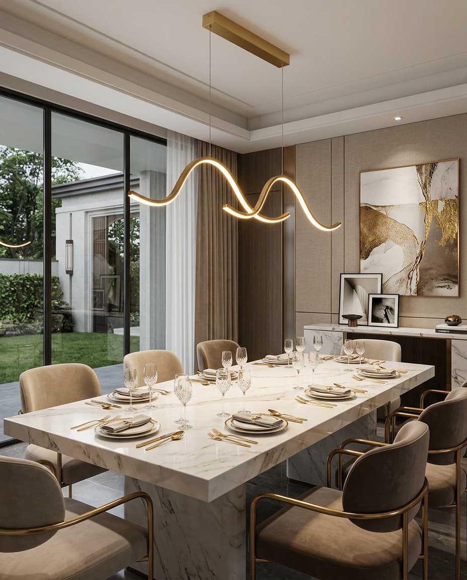 Modern Gold Wavy LED Pendant Light for Luxury Dining Room Decor
