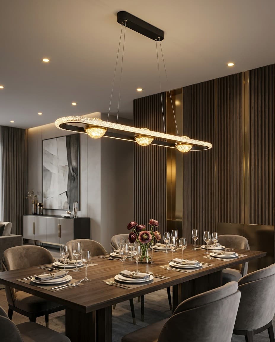 Modern Linear Crystal LED Pendant Light | Gold & Black Rectangular Hanging Chandelier 44W