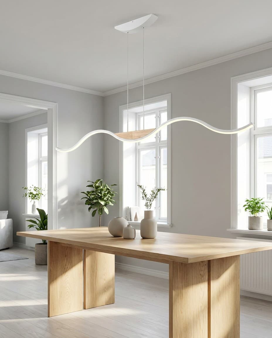 Modern Wave Wood LED Pendant Light | Natural Wood Linear Chandelier 23W