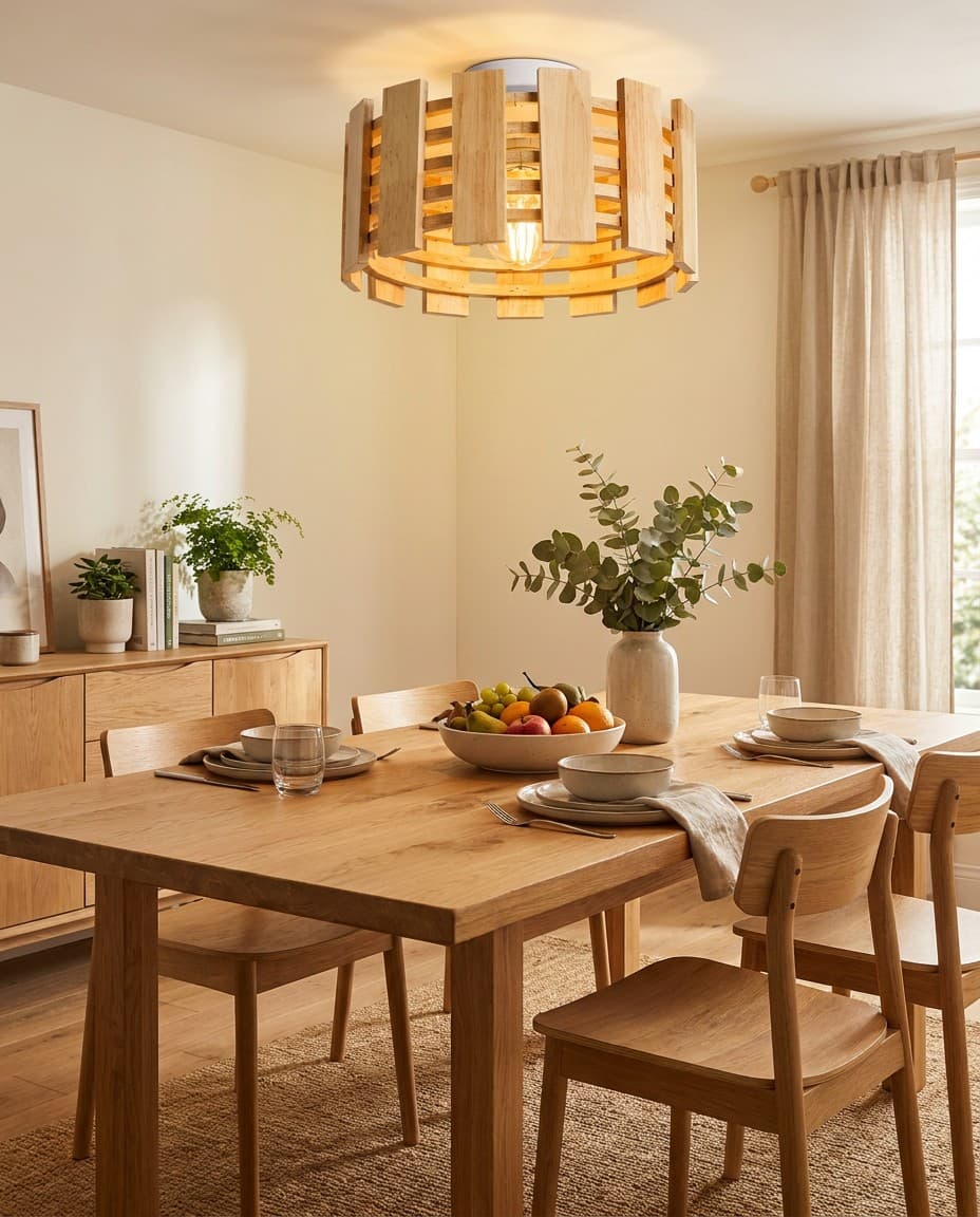 Modern Wood Cage LED Ceiling Light | Natural Wooden Flush Mount Lamp E27