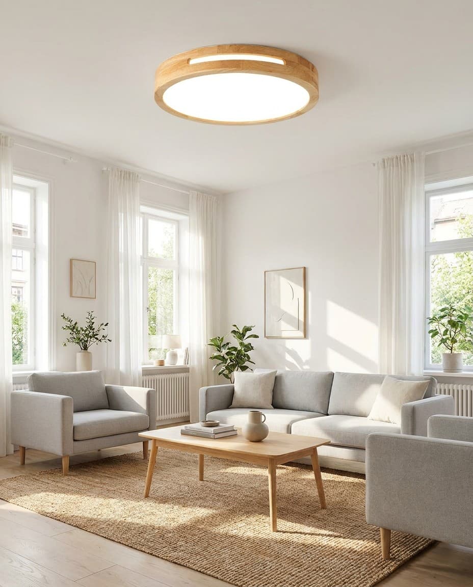 Modern Round Wood LED Ceiling Light | Natural Wooden Flush Mount Lamp 30W