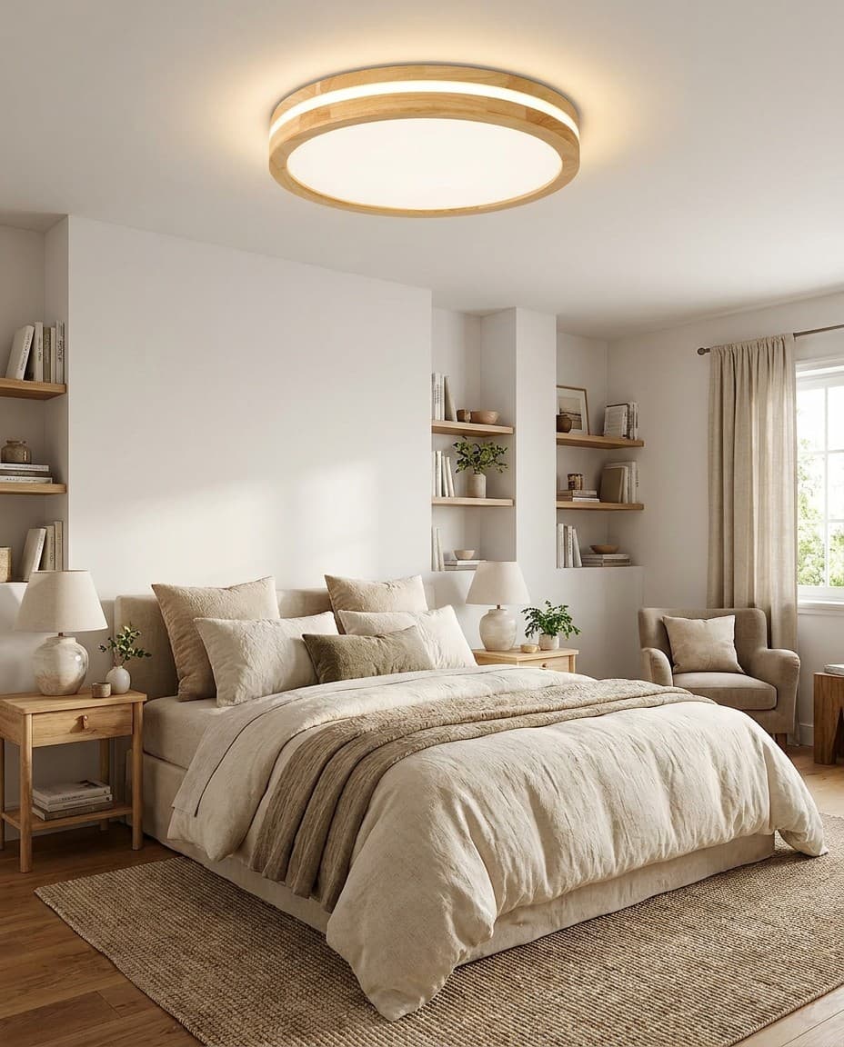 Modern Round Wood LED Ceiling Light | Minimalist Nordic Flush Mount Lamp 30W