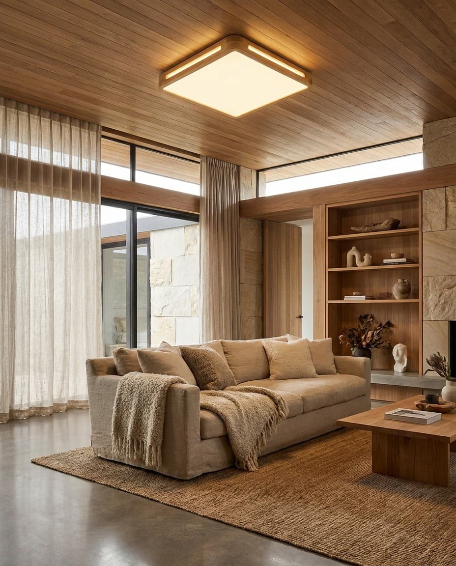 Modern Square Wood LED Ceiling Light | Large Natural Wooden Ceiling Lamp 45W