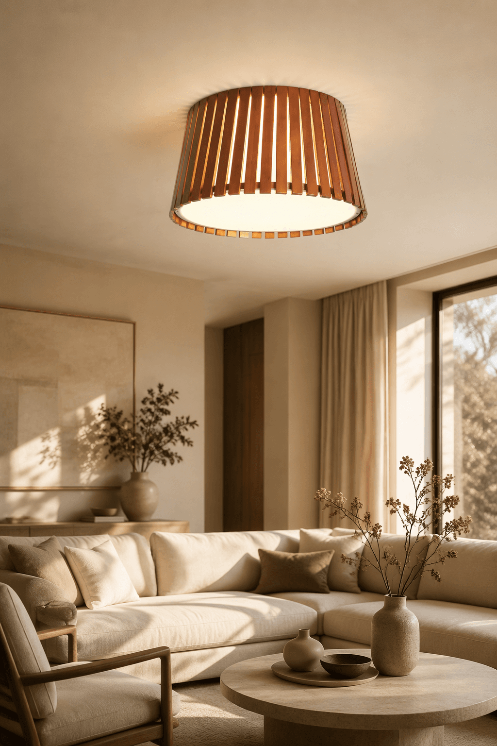 Modern Wood Drum LED Ceiling Light | Natural Wooden Flush Mount Lam