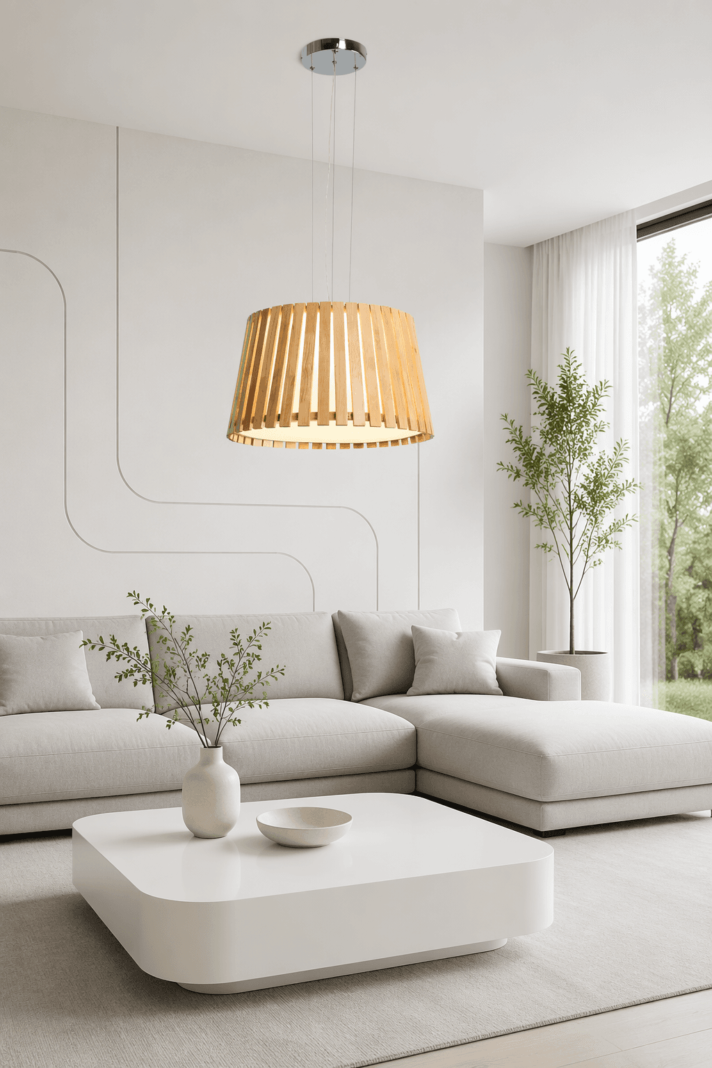 Modern Wood Drum LED Pendant Light | Natural Wooden Slat Hanging Lamp