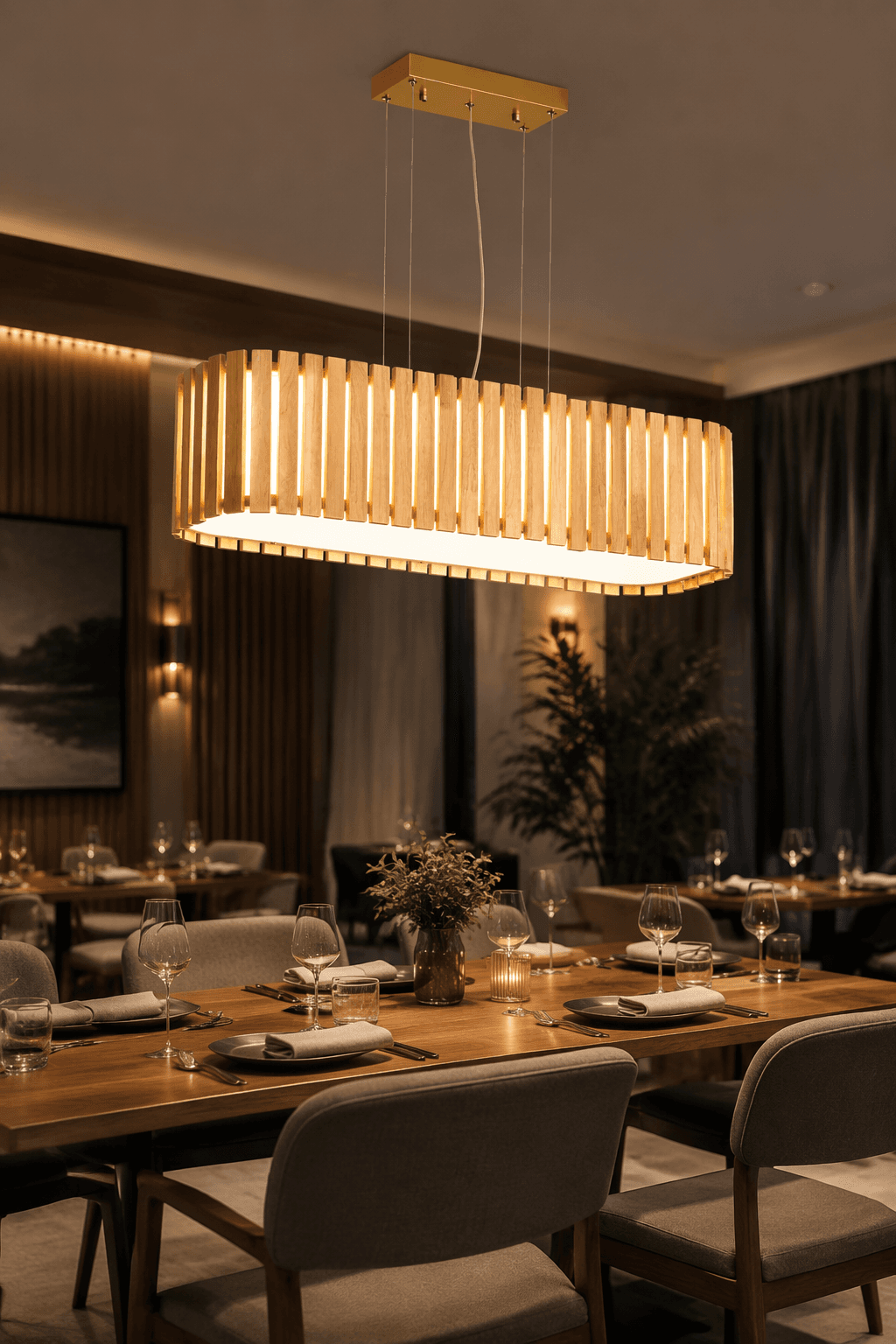 Modern Wooden Linear Pendant Light | Nordic Style LED Hanging Lamp for Dining Room & Commercial Projects