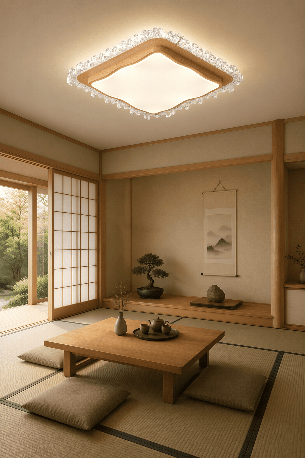 Modern Square Wood Ceiling Light with Crystal Ice Decoration - 45W LED Flush Mount Chandelier for Luxury Interiors