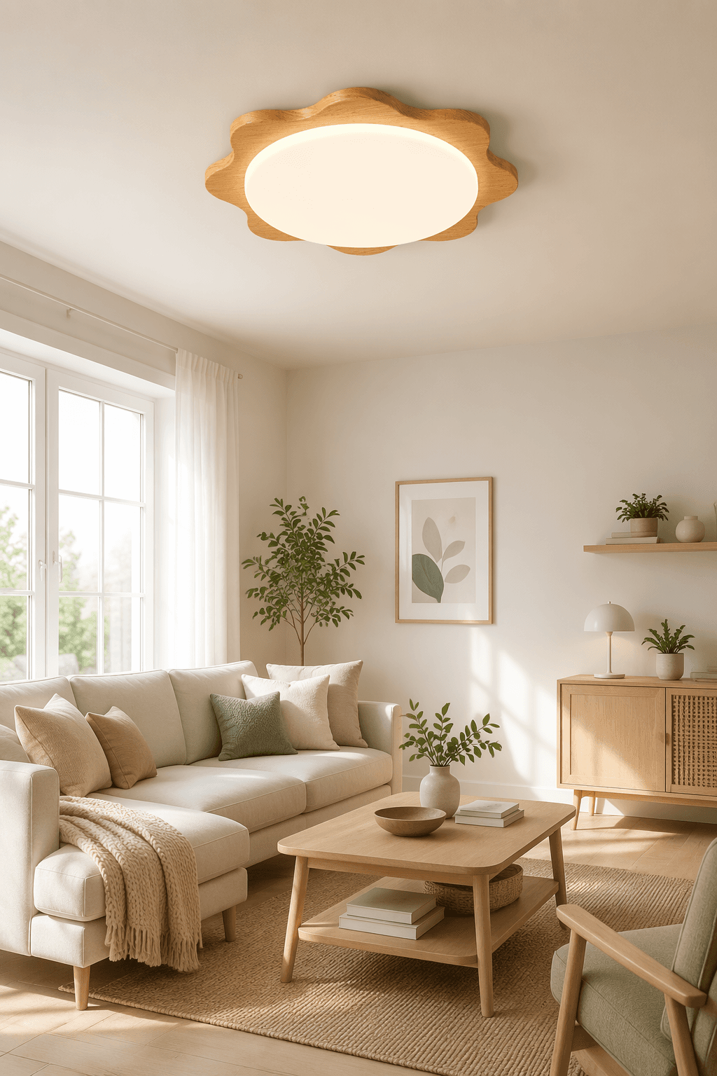 Nordic Flower-Shaped LED Wooden Ceiling Light - Modern 39W Dimmable Flush Mount for Living Room & Bedroom