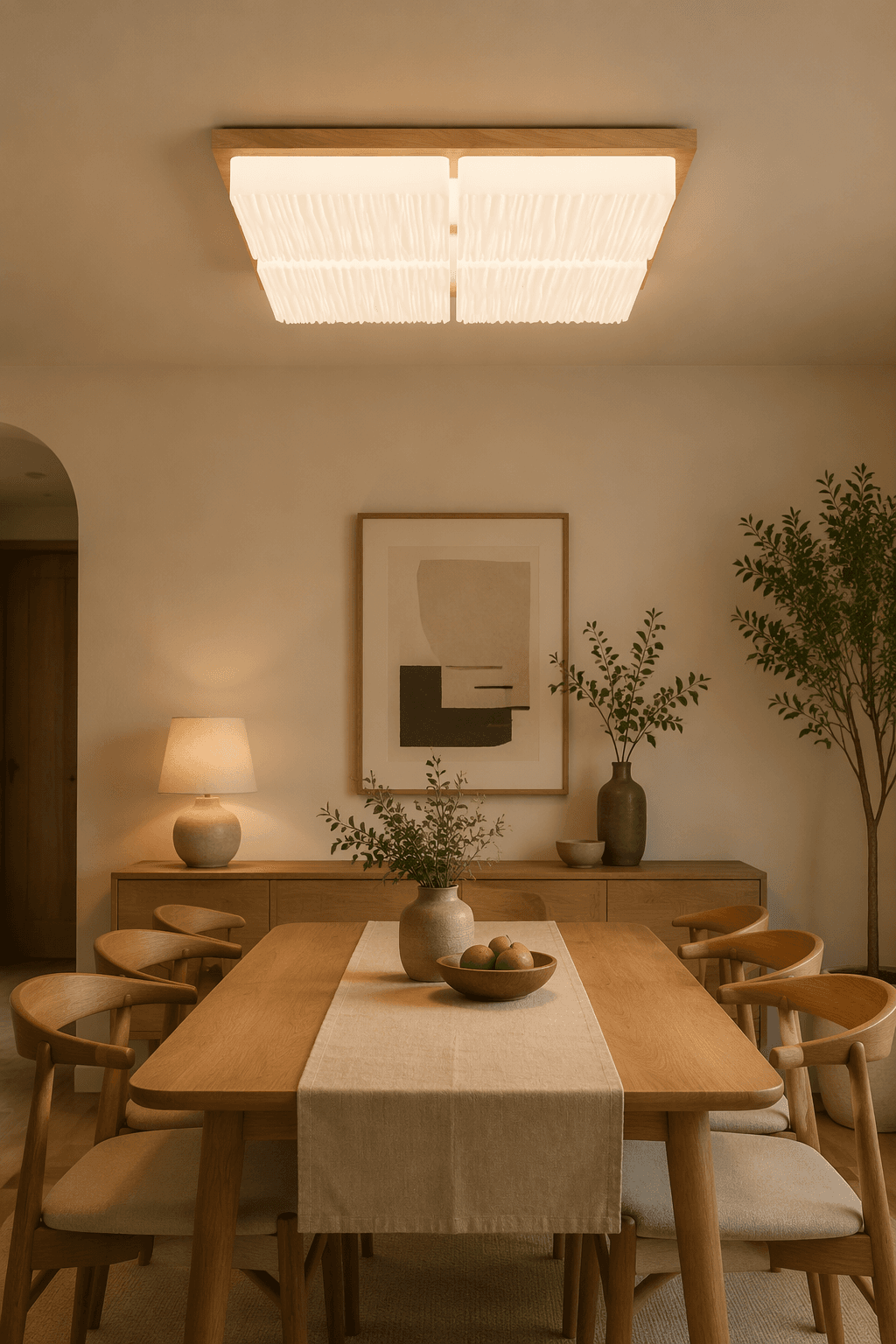 Square LED Wooden Ceiling Lamp - 90W Nordic 4-Grid Flush Mount PZE-DP253 for Master Bedrooms & Dining Areas