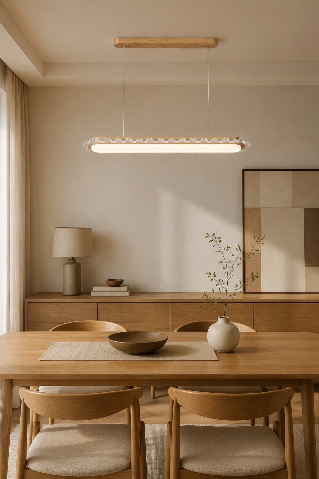 Modern Wooden Crystal Linear Pendant Light | LED Hanging Lamp for Dining & Hospitality Projects