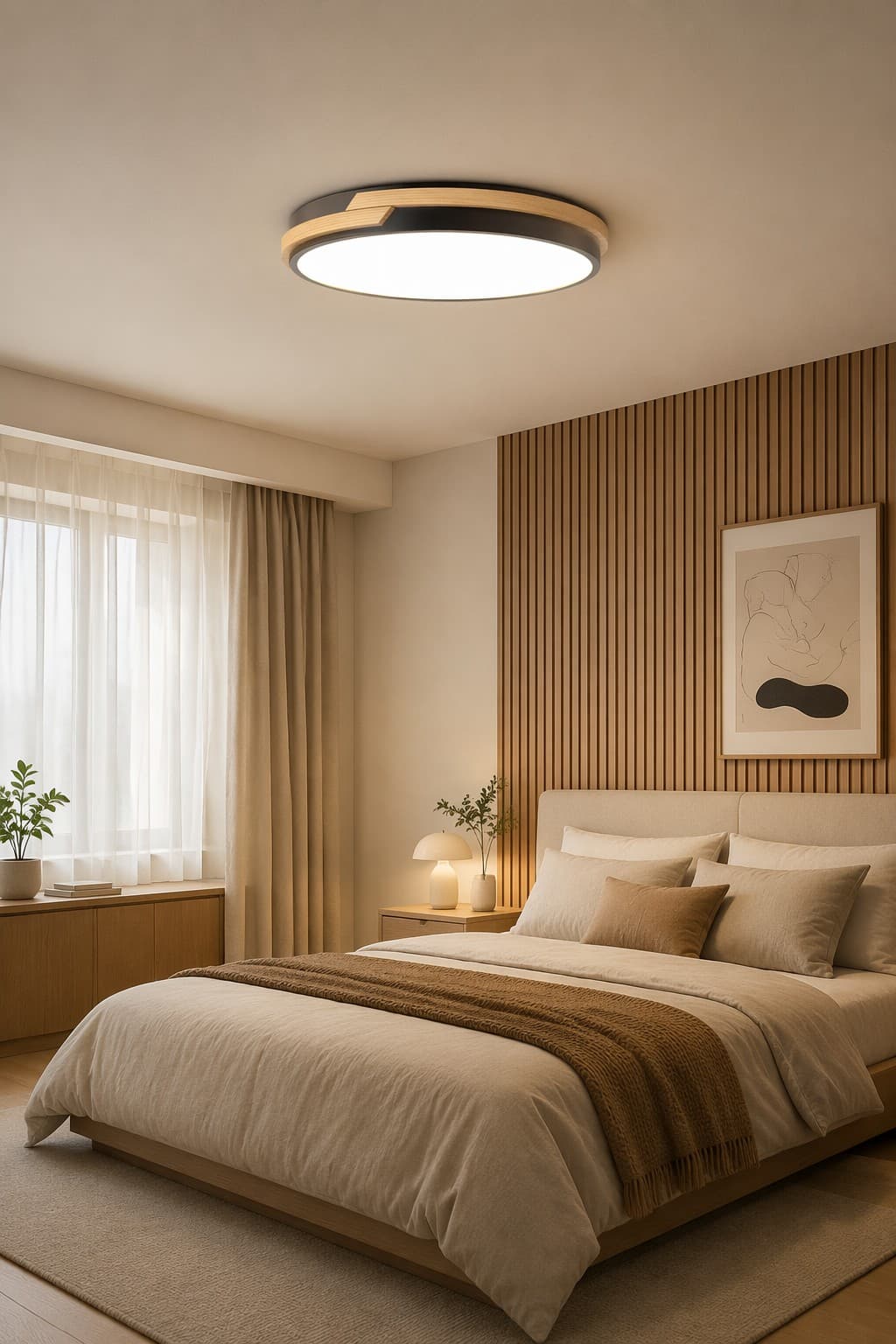 Round Wood Accent Ceiling Light - Slim Nordic LED Fixture for Modern Bedrooms and Entryways