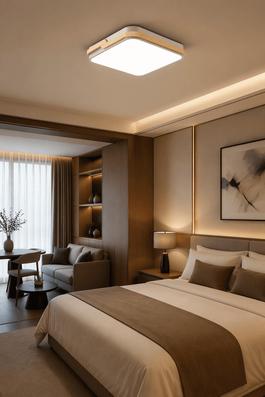 Square Geometric Wood Ceiling Light - Minimalist Flush Mount for Kitchens, Libraries, and Modern Workspaces