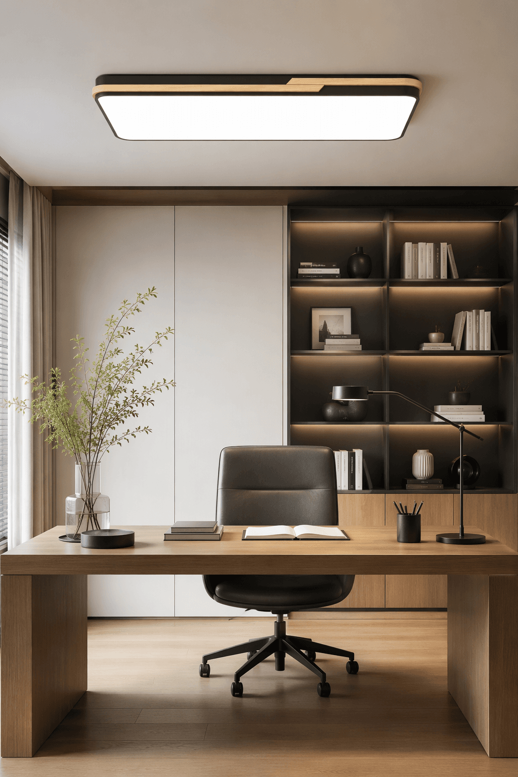 Modern Rectangular Wood LED Ceiling Light - Minimalist Architectural Lighting for Living Rooms & Offices