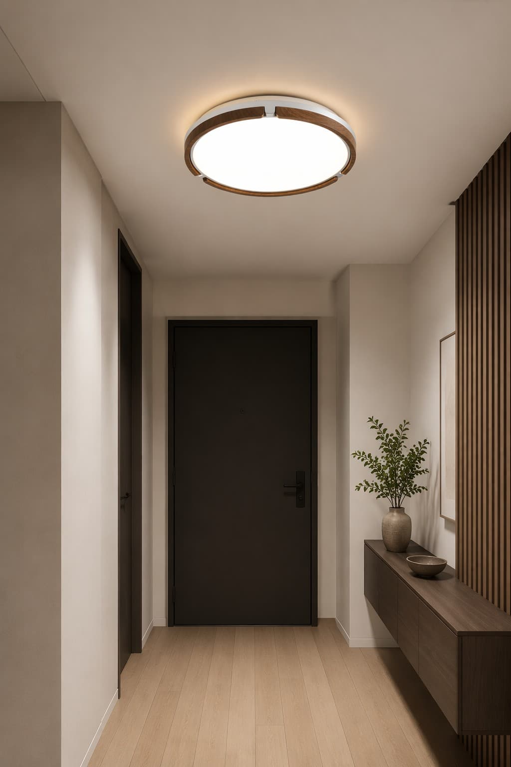 Round Wood & Metal LED Ceiling Light - Φ500mm Circular Natural Illumination