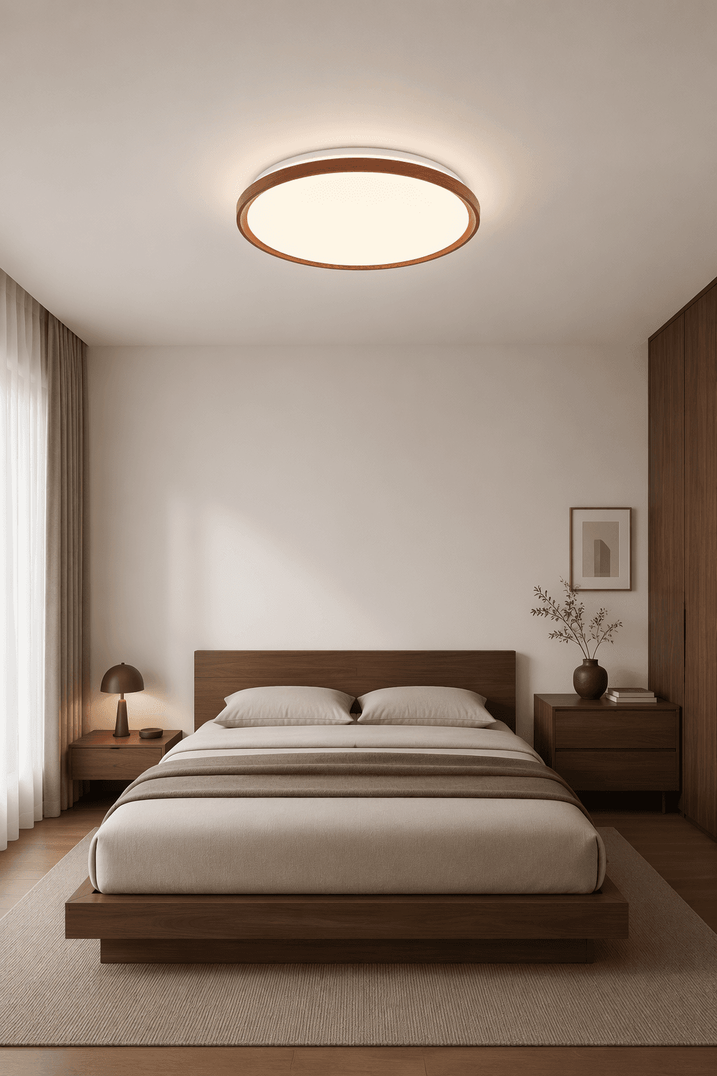 Round Walnut Wood LED Ceiling Lamp - Φ500mm Minimalist Japanese Style Flush Mount