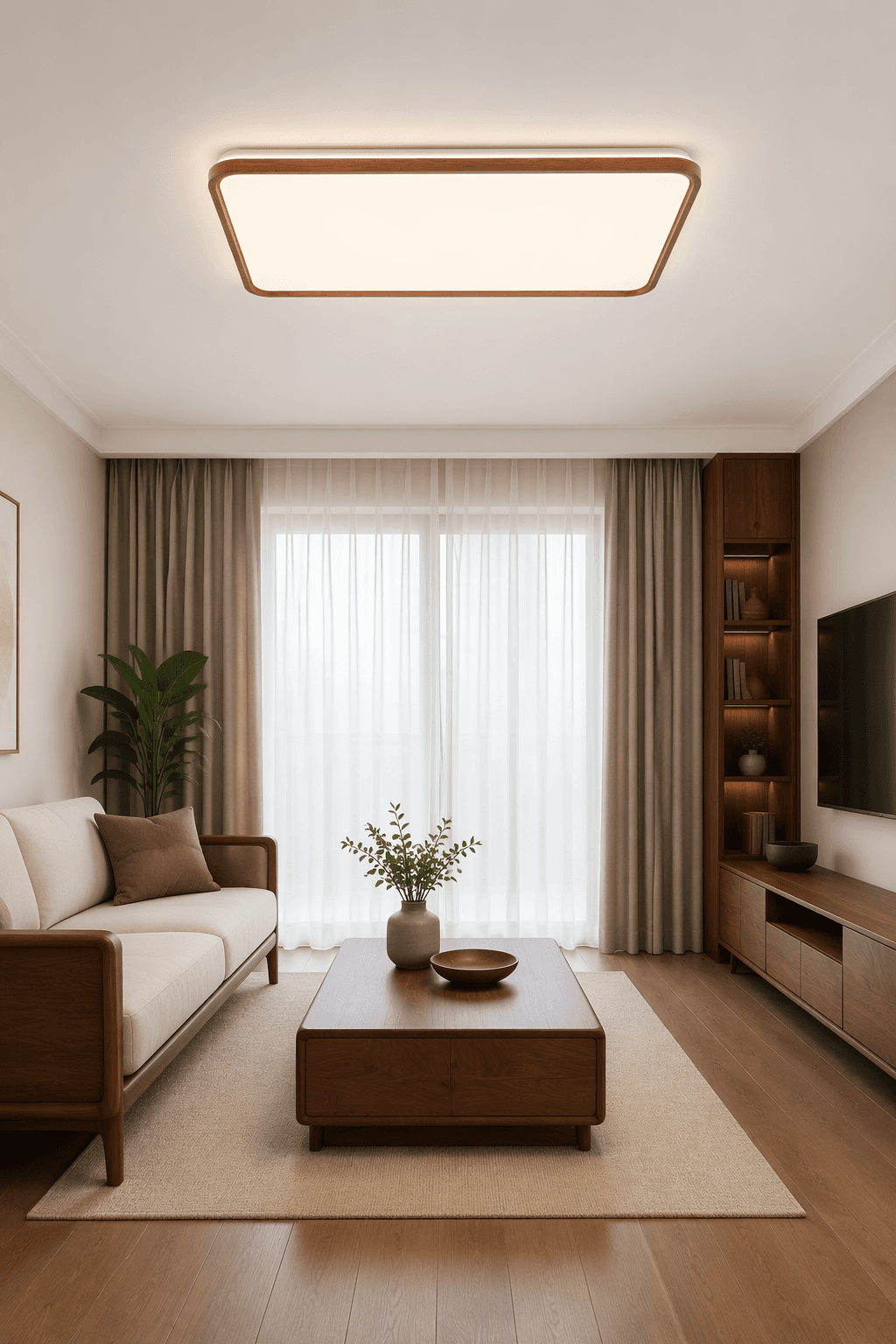 Modern Rectangular Walnut Wood LED Ceiling Light - 120W Large Minimalist Flush Mount