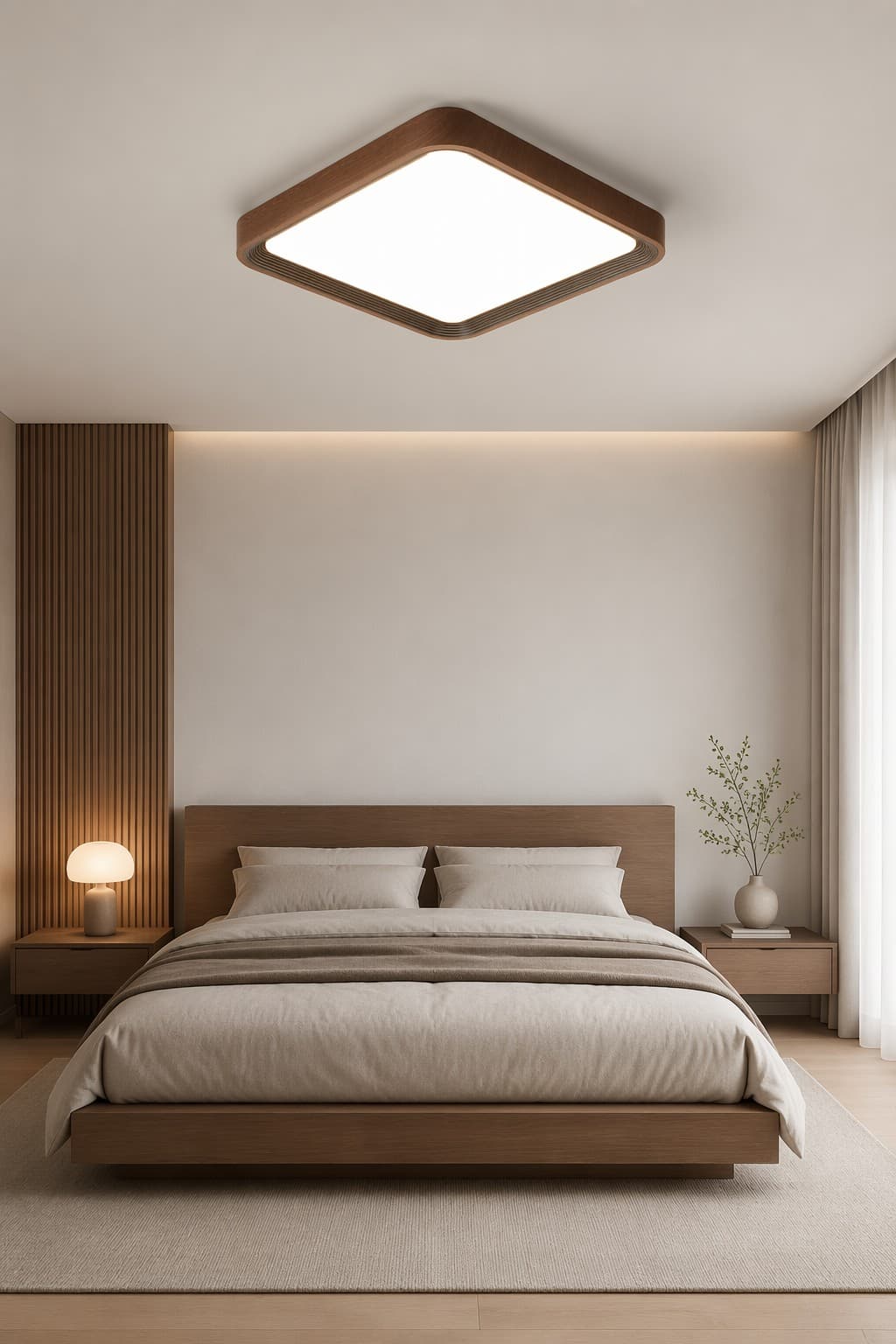 Square Nordic Wood LED Ceiling Lamp - 48W Tiered Wood Frame Panel Light