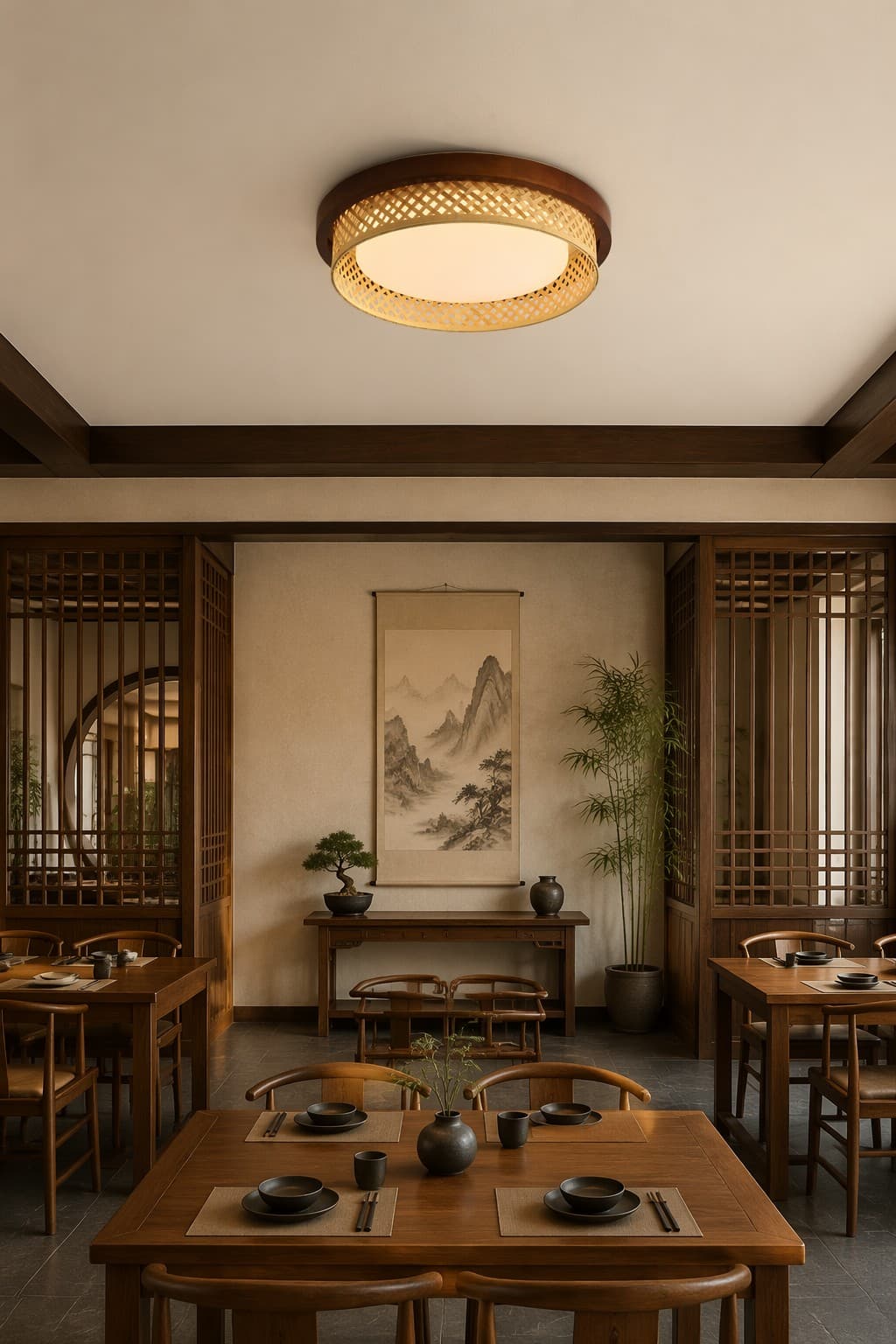 Zen Style Diamond Bamboo Weave LED Ceiling Light - Natural Wood Frame Flush Mount